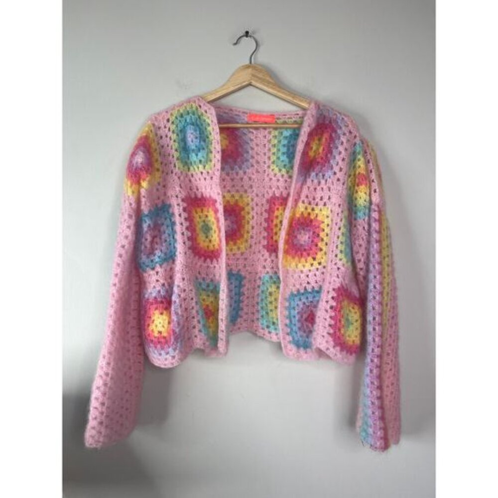 NEW Rose Carmine Crochet-Knit Mohair-Blend Granny Square Long Sleeve Cardigan - Picture 2 of 7